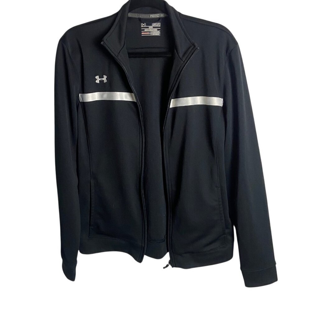 Under Armour Women's Size M Knit Warm Up Full Zip Sweatshirt Black White Loose - Picture 3 of 6